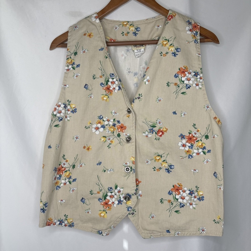 Vtg 90s Vivaldi Jeanswear M Cottagecore Floral Beige Vest Dainty Grandma USA